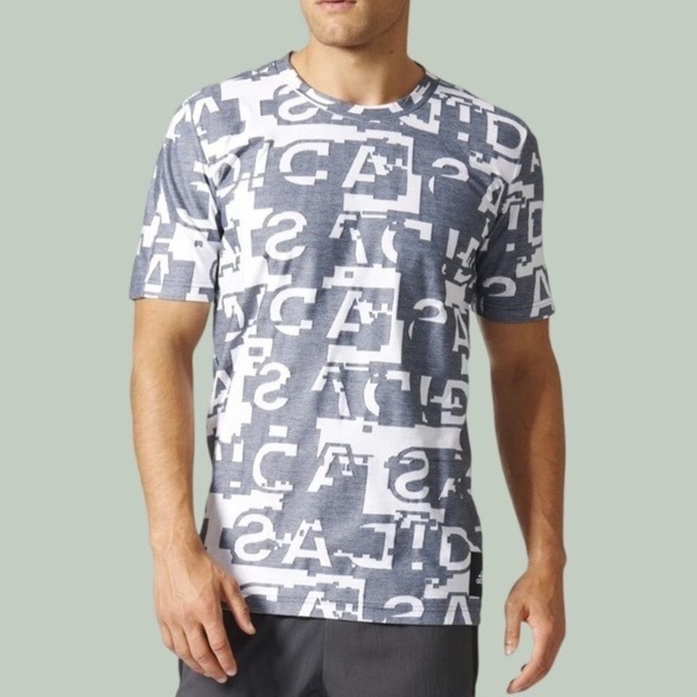 Adidas Mens XL Graphic T-Shirt Grey White All Over Print Logo Crewneck New